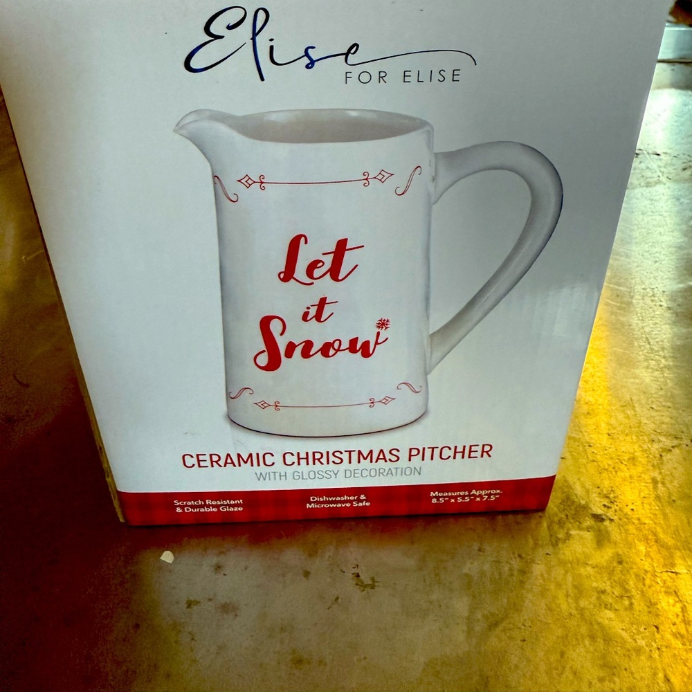 Elise “Let it Snow” pitcher New in Box Red and White Christmas Holiday